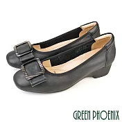 【GREEN PHOENIX】女 娃娃鞋 包鞋 全真皮 楔型 厚底 蝴蝶結 OL通勤 上班 EU35 黑色