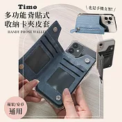 【Timo】多功能背貼式收納卡夾皮套 多角度手機支架 零錢包一體卡夾 藍色
