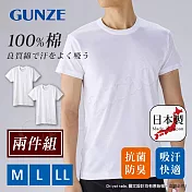 【日本郡是Gunze】日本製 兩件組 抗菌防臭加工 100%純棉 男士 圓領 短袖內衣 衛生衣(舒適親膚) 白色-M