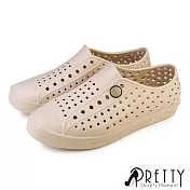【Pretty】男女 洞洞鞋 雨鞋 休閒鞋 透氣 孔洞 輕量 防水 台灣製 EU40 卡其色