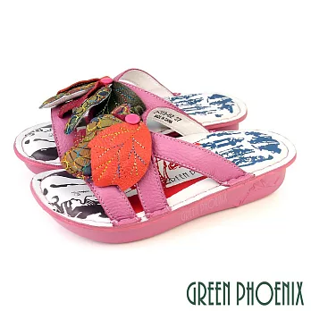 【GREEN PHOENIX】女 拖鞋 厚底 氣墊 真皮 輕量 手縫 繽紛 EU35 粉紅色