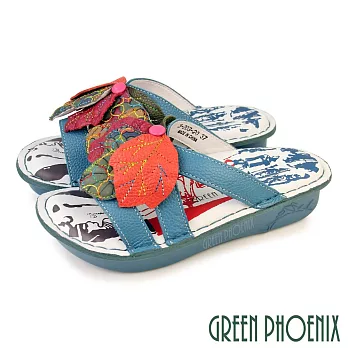 【GREEN PHOENIX】女 拖鞋 厚底 氣墊 真皮 輕量 手縫 繽紛 EU35 藍色