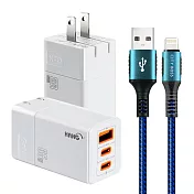 HANG 三代氮化鎵65W 白色+勇固線耐彎折編織線USB-iphone/ipad-300cm 藍線