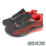 【GREEN PHOENIX】男 休閒鞋 運動鞋 透氣 網布 全氣墊 彈力 吸震 綁帶 厚底 JP26 黑紅色