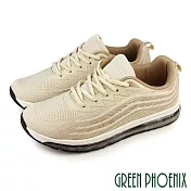 【GREEN PHOENIX】男 休閒鞋 運動鞋 透氣 網布 全氣墊 彈力 吸震 綁帶 厚底 JP25.5 卡其色