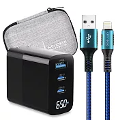 MYCELL 65W氮化鎵GDK55T 黑色+勇固線耐彎折編織線USB-iphone/ipad-200cm 藍線
