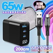 MYCELL 65W氮化鎵GDK55T 黑色+勇固線耐彎折編織線USB-Type-C-200cm 灰線