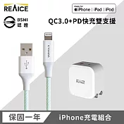 【REAICE】 PD20W 快速充電頭+USB-A to Lightning耐用編織充電線 綠色