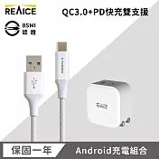 【REAICE】 PD20W 快速充電頭+USB-A &Type-C耐用編織充電線 銀色