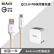 【REAICE】 PD20W 快速充電頭+USB-A &Type-C耐用編織充電線 黃色