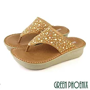 【GREEN PHOENIX】女 拖鞋 全真皮 夾腳 輕量 厚底 氣墊 台灣製 EU40 梨色9