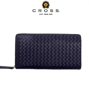 【CROSS】台灣總經銷 限量1折 頂級小羊皮編織紋拉鍊長夾皮夾 蒂蜜特系列 全新專櫃展示品 (贈禮盒提袋) 深藍色