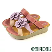 【GREEN PHOENIX】女 涼鞋 拖鞋 兩穿 花朵 厚底 全真皮 沾黏式 台灣製 EU36 磚紅色5