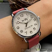 COACH蔻馳精品錶,編號：CH00152,36mm圓形銀精鋼錶殼白色錶盤真皮皮革粉紅錶帶