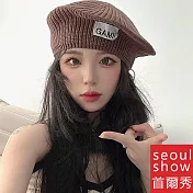 seoul show首爾秀 趙露思類款貼布字母針織畫家帽毛線貝雷帽  咖啡