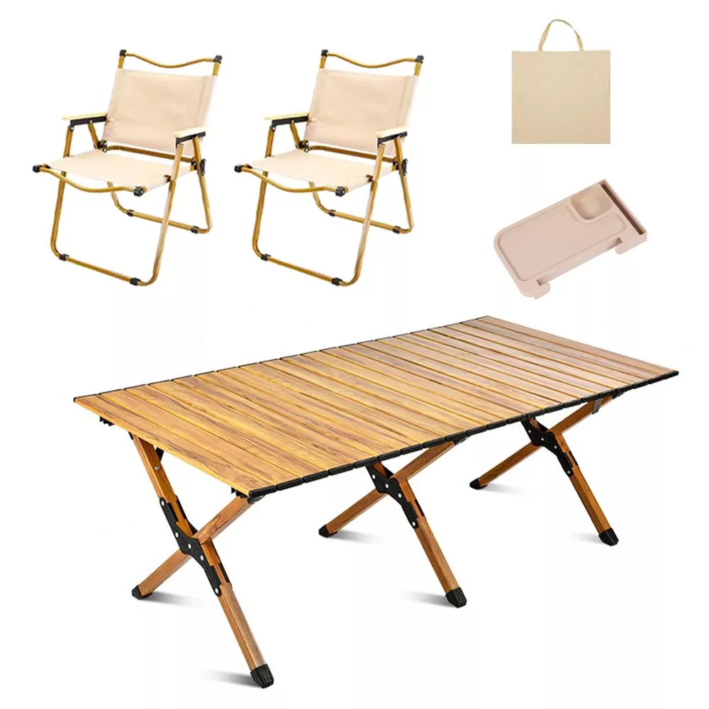 E.C outdoor 戶外露營折疊鋁合金桌椅五件組-贈收納袋 露營桌椅 收納桌椅 摺疊桌椅 -原木色