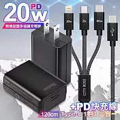 Topcom TS-C300C黑 20W快速充電器+TypeC 1對3 PD快速閃充線三合一(120cm黑)