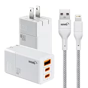HANG 三代氮化鎵65W 白色+高密度編織線USB-iphone/ipad-100cm 灰線