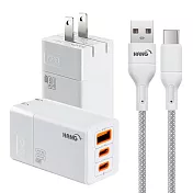 HANG 三代氮化鎵65W 白色+高密編織線USB to Type-C充電線-100cm 灰線