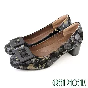 【GREEN PHOENIX】女 跟鞋 包鞋 粗跟 全真皮 小羊皮 通勤 上班 宴會 台灣製 JP22 黑花