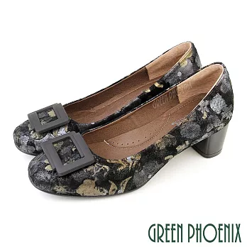 【GREEN PHOENIX】女 跟鞋 包鞋 粗跟 全真皮 小羊皮 通勤 上班 宴會 台灣製 JP22 黑花