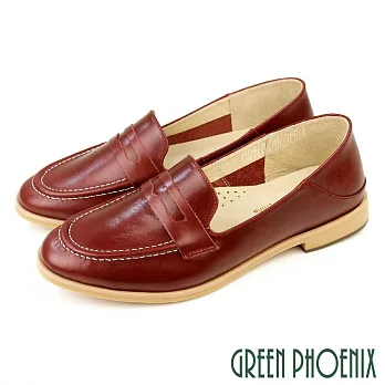【GREEN PHOENIX】女 樂福鞋 便鞋 平底鞋 小皮鞋 全真皮 台灣製 US5 深紅色