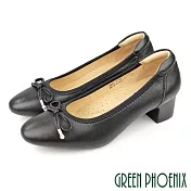 【GREEN PHOENIX】女 跟鞋 包鞋 粗跟 全真皮 小羊皮 蝴蝶結 OL通勤 EU38 黑色