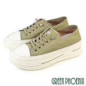 【GREEN PHOENIX】女 休閒鞋 懶人鞋 真皮 顯瘦 免綁鞋帶 厚底 EU35 綠色