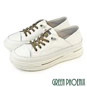 【GREEN PHOENIX】女 休閒鞋 懶人鞋 真皮 顯瘦 免綁鞋帶 厚底 EU35 米色