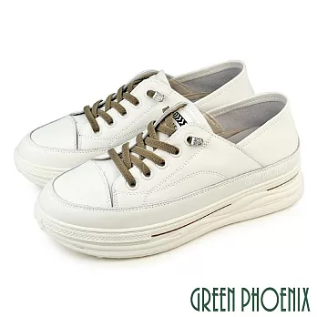 【GREEN PHOENIX】女 休閒鞋 懶人鞋 真皮 顯瘦 免綁鞋帶 厚底 EU39 米色