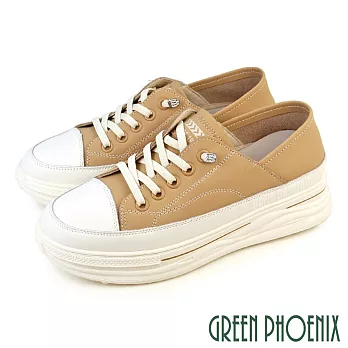 【GREEN PHOENIX】女 休閒鞋 懶人鞋 真皮 顯瘦 免綁鞋帶 厚底 EU35 杏色