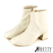 【Pretty】女 短靴 粗高跟 方頭 素面 側拉鍊 台灣製 JP24 米色