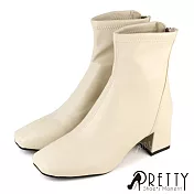 【Pretty】女 短靴 粗高跟 方頭 素面 側拉鍊 JP23.5 米色