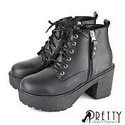 【Pretty】女 短靴 馬丁靴 粗跟 高跟 防水台 拉鍊 綁帶 台灣製 EU39 黑色