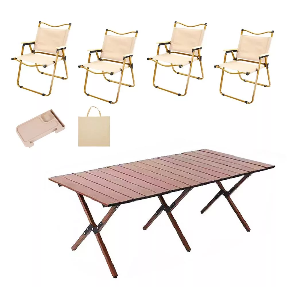 E.C outdoor 戶外露營折疊鋁合金桌椅九件組-贈收納袋 露營桌椅 收納桌椅 摺疊桌椅 -卡其椅