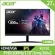 Acer K273 E 27型廣視角螢幕(IPS,VGA,HDMI,2Wx2)