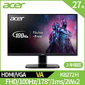 Acer KB272 H 27型抗閃螢幕(VA,VGA,HDMI,2Wx2)