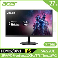 Acer SA272U E 27型護眼抗閃螢幕(IPS,HDMI,DP,無內建喇叭)