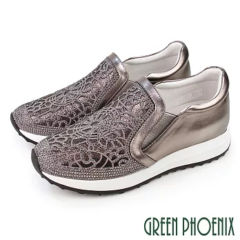 【GREEN PHOENIX】女 休閒鞋 懶人鞋 全真皮 水鑽 鏤空 厚底 EU35 古銅色