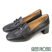 【GREEN PHOENIX】女 跟鞋 包鞋 樂幅鞋 小皮鞋 粗跟 全真皮 小羊皮 台灣製 US8 黑色