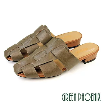 【GREEN PHOENIX】女 穆勒鞋 半拖鞋 包頭拖鞋 全真皮 粗跟 小羊皮 台灣製 US6 深綠色