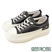【GREEN PHOENIX】女 休閒鞋 全真皮 厚底 奶油頭 免綁鞋帶 顯瘦 韓國進口 JP24 黑色