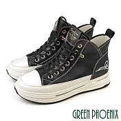 【GREEN PHOENIX】女 短靴 休閒鞋 高筒 全真皮 減壓鞋墊 EU37 黑色