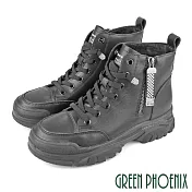 【GREEN PHOENIX】女 短靴 休閒鞋 高筒 水鑽飾釦 真皮 側拉鍊 厚底 JP23.5 黑色