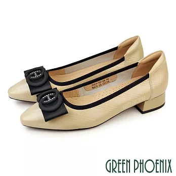 【GREEN PHOENIX】女 跟鞋 包鞋 全真皮 蝴蝶結 尖頭 粗跟 粗中跟 通勤 上班 EU35 杏色