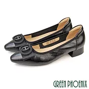 【GREEN PHOENIX】女 跟鞋 包鞋 全真皮 蝴蝶結 尖頭 粗跟 粗中跟 通勤 上班 EU37 黑色