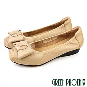 【GREEN PHOENIX】女 娃娃鞋 包鞋 楔型 全真皮 編織 飾釦 通勤 上班 EU40 杏色