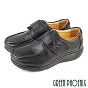 【GREEN PHOENIX】女 休閒鞋 皮鞋 學生鞋 工作鞋 全真皮 沾黏式 厚底 EU37 黑色