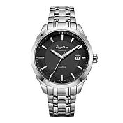 RHYTHM 麗聲 日本跳色錶框錶帶日期顯示自動鋼帶機械錶-A1302 黑面高貴銀