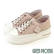 【GREEN PHOENIX】女 休閒鞋 懶人鞋 後踩兩穿 真皮 免綁鞋帶 鬆糕厚底 JP23.5 粉紅色